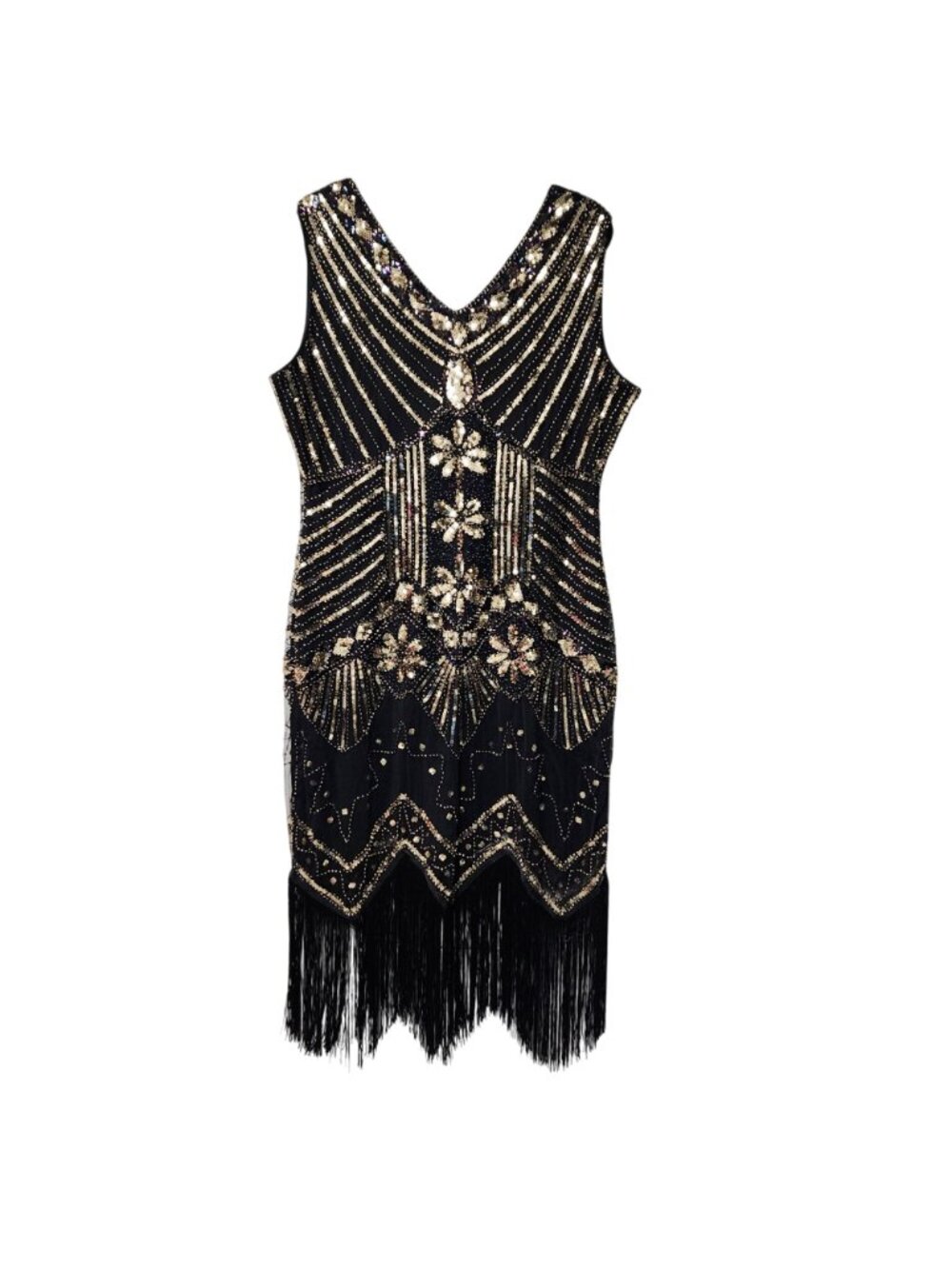 Vintage-Inspired Black & Gold Sequin Fringe Flapper Dress Size XXL Art Deco Part - Picture 2 of 6
